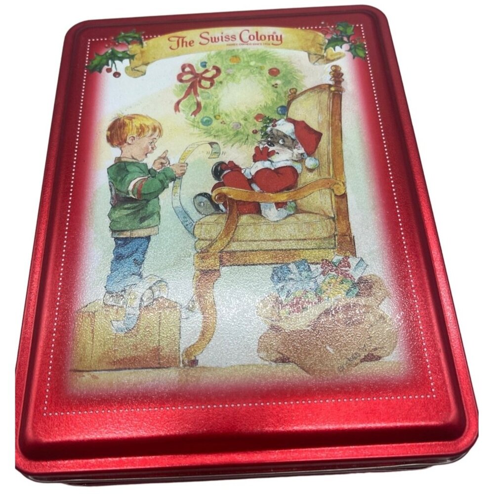 Christmas empty tin the swiss colony Santa mouse boy with list holly red READ
